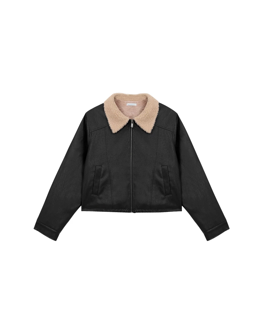Fleece Lined Cropped Faux Leather Jacket with Fur Collar