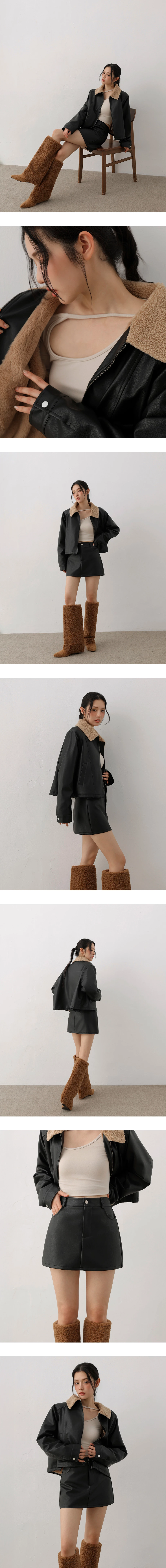 Fleece Lined Cropped Faux Leather Jacket with Fur Collar