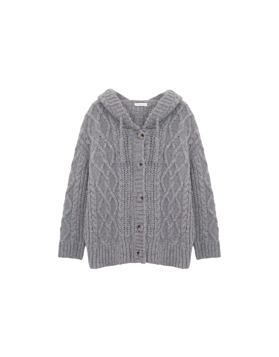 Oversized Hooded Cable Knit Button Front Cardigan