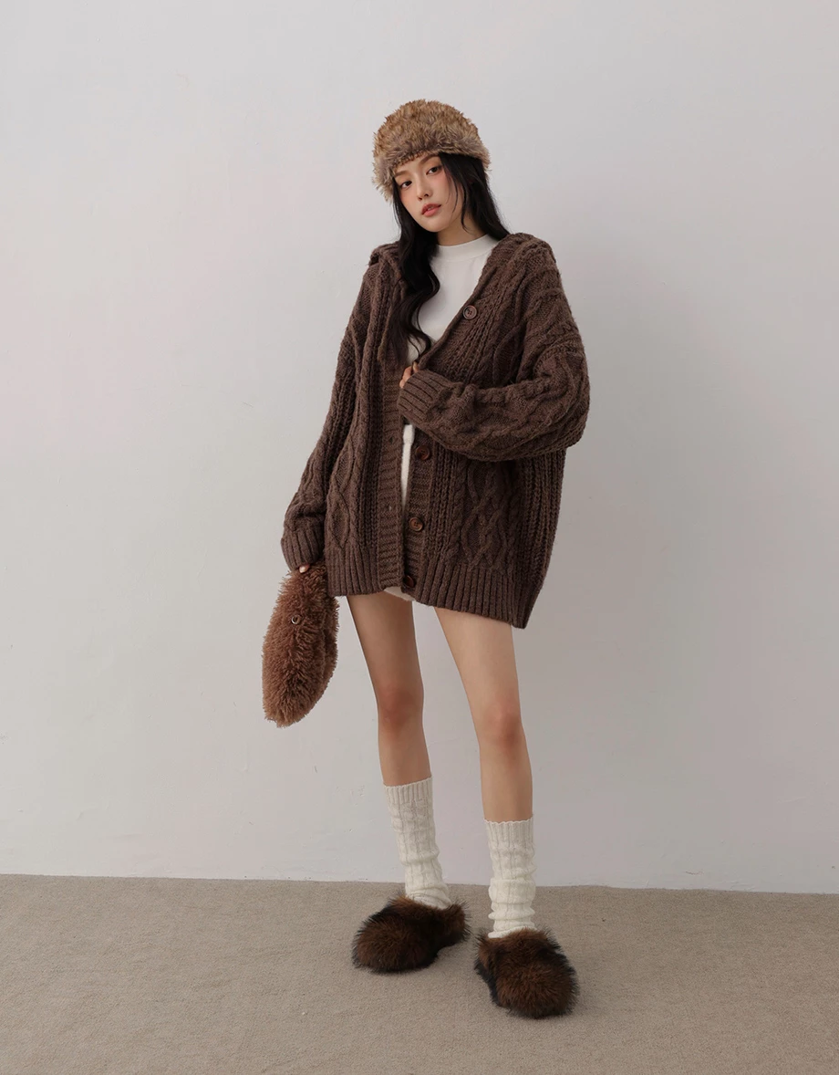 Oversized Hooded Cable Knit Button Front Cardigan