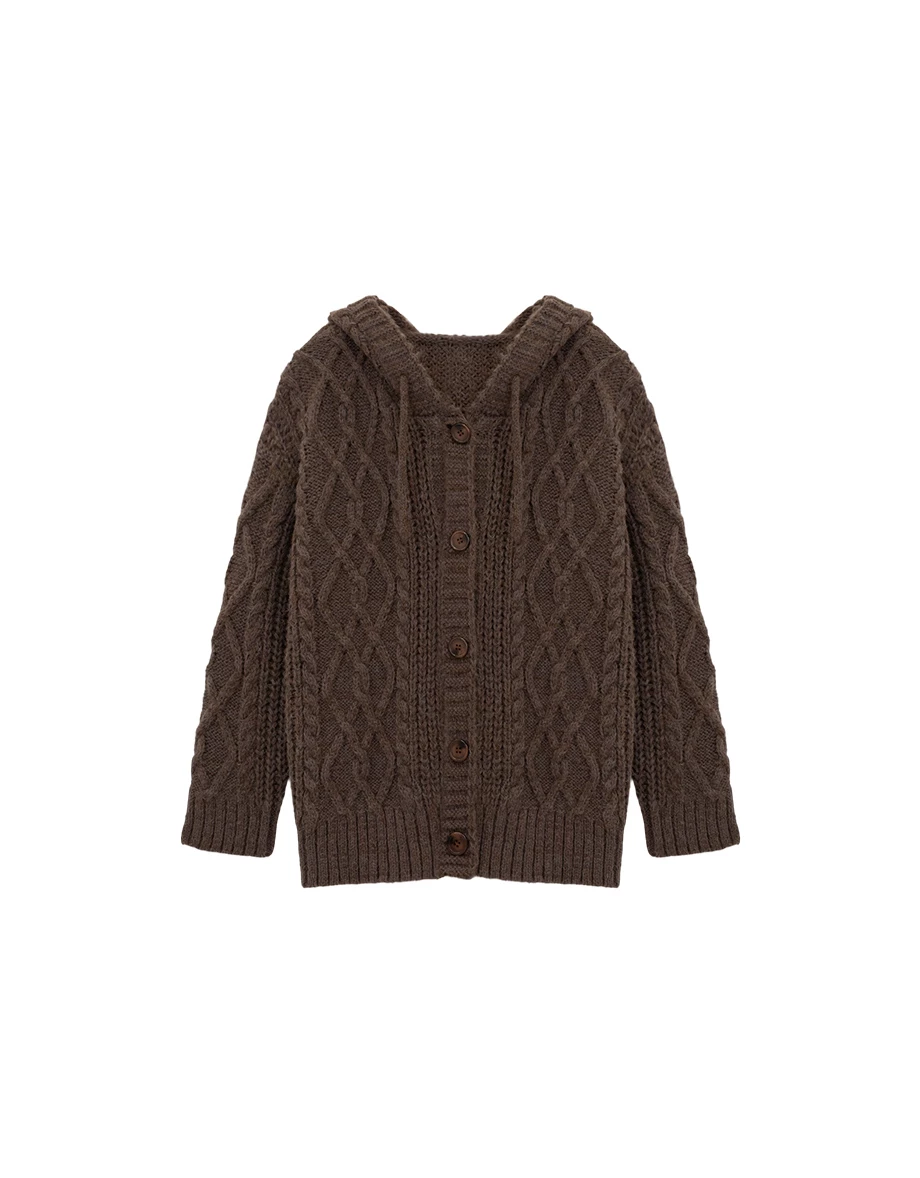 Oversized Hooded Cable Knit Button Front Cardigan