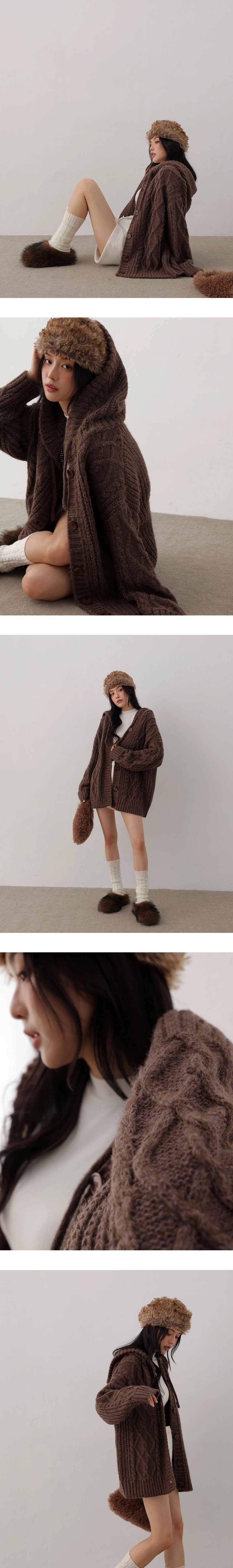 Oversized Hooded Cable Knit Button Front Cardigan
