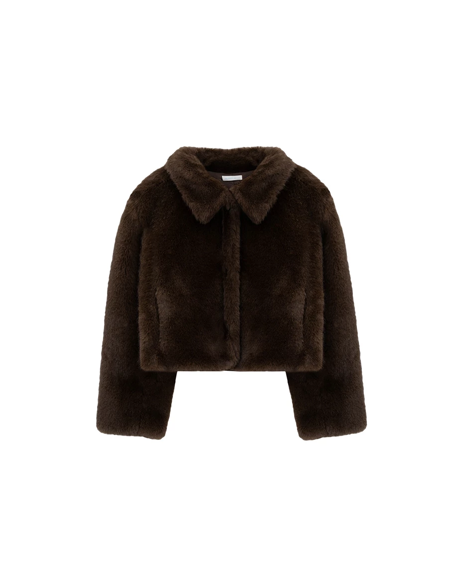 Classic Collar Cropped Faux Fur Jacket with Snap Button