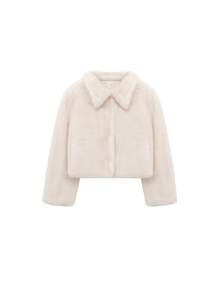 Classic Collar Cropped Faux Fur Jacket with Snap Button