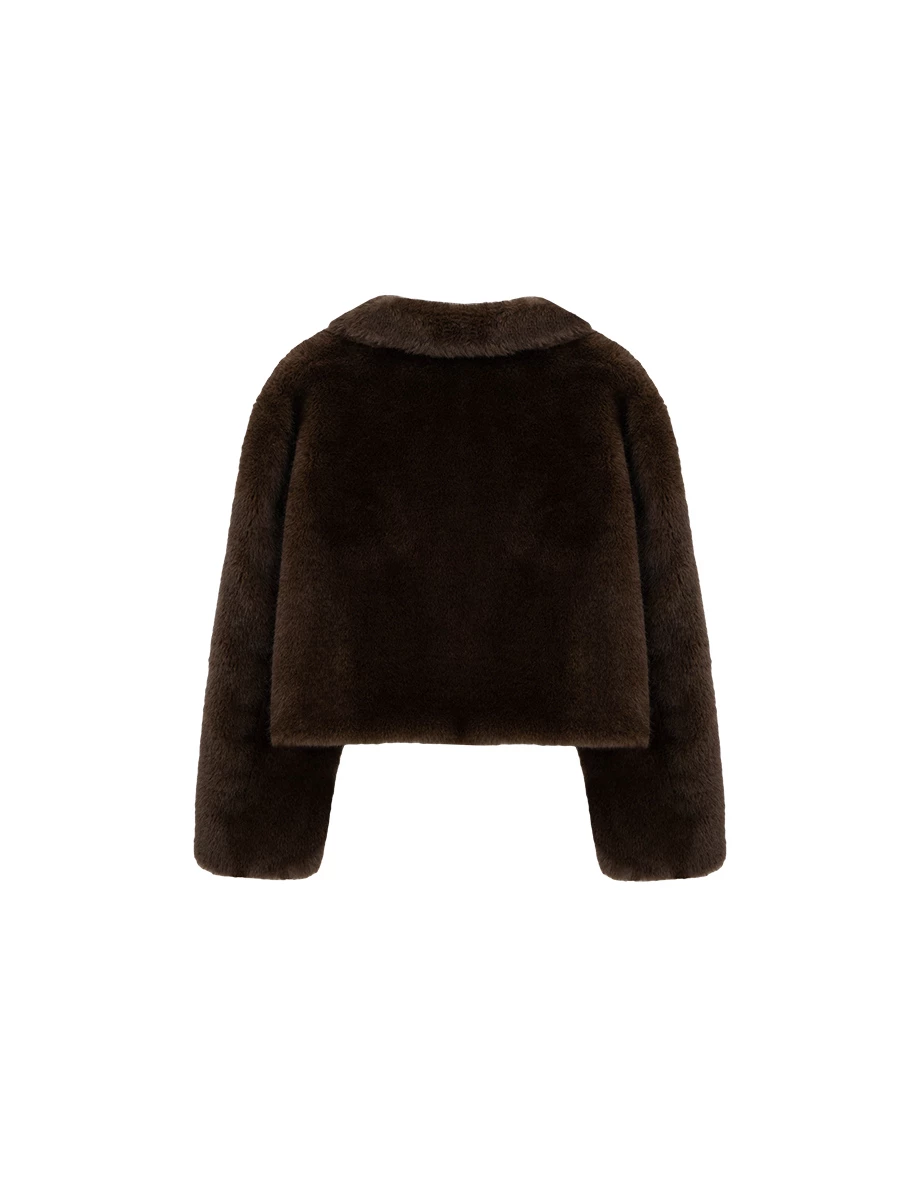 Classic Collar Cropped Faux Fur Jacket with Snap Button