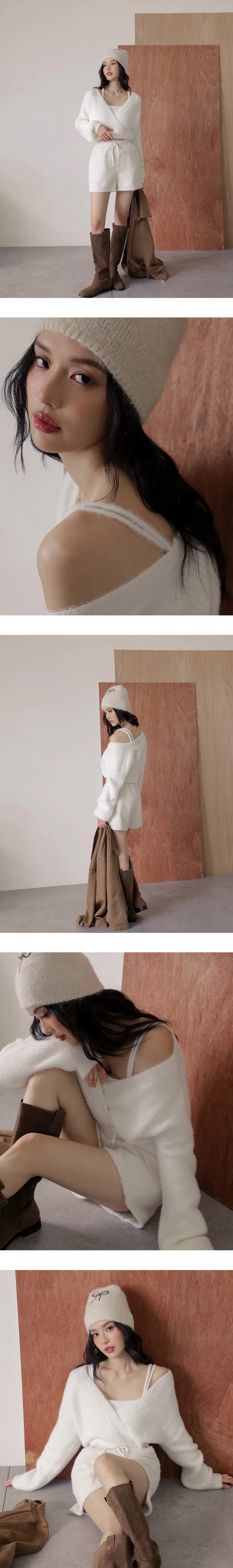 Fluffy Long Sleeve Wrap Top and Inner Strappy Camisole Set Wear