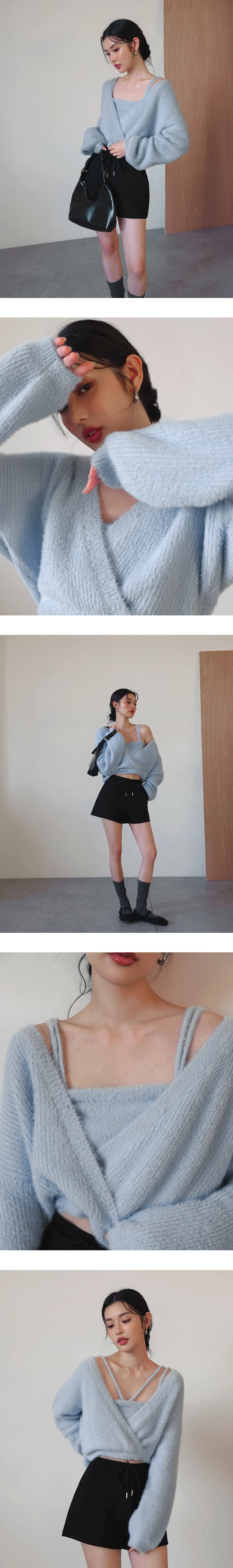 Fluffy Long Sleeve Wrap Top and Inner Strappy Camisole Set Wear