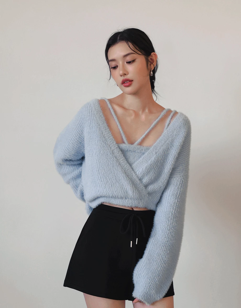 Fluffy Long Sleeve Wrap Top and Inner Strappy Camisole Set Wear