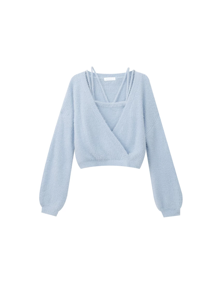 Fluffy Long Sleeve Wrap Top and Inner Strappy Camisole Set Wear