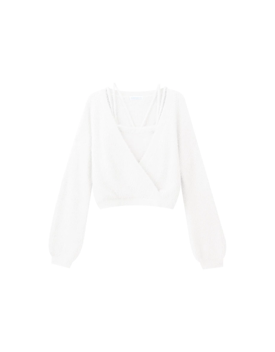 Fluffy Long Sleeve Wrap Top and Inner Strappy Camisole Set Wear Fluffy Long Sleeve Wrap Top and Inner Strappy Camisole Set Wear