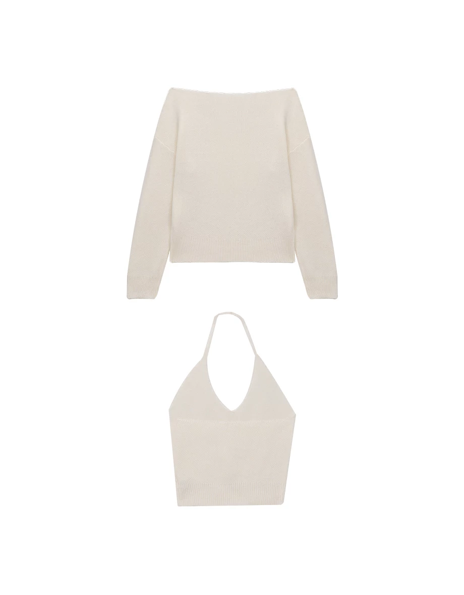 Halter Neck Inner Tank Top and Oversized Off Shoulder Knit Sweater Set Wear