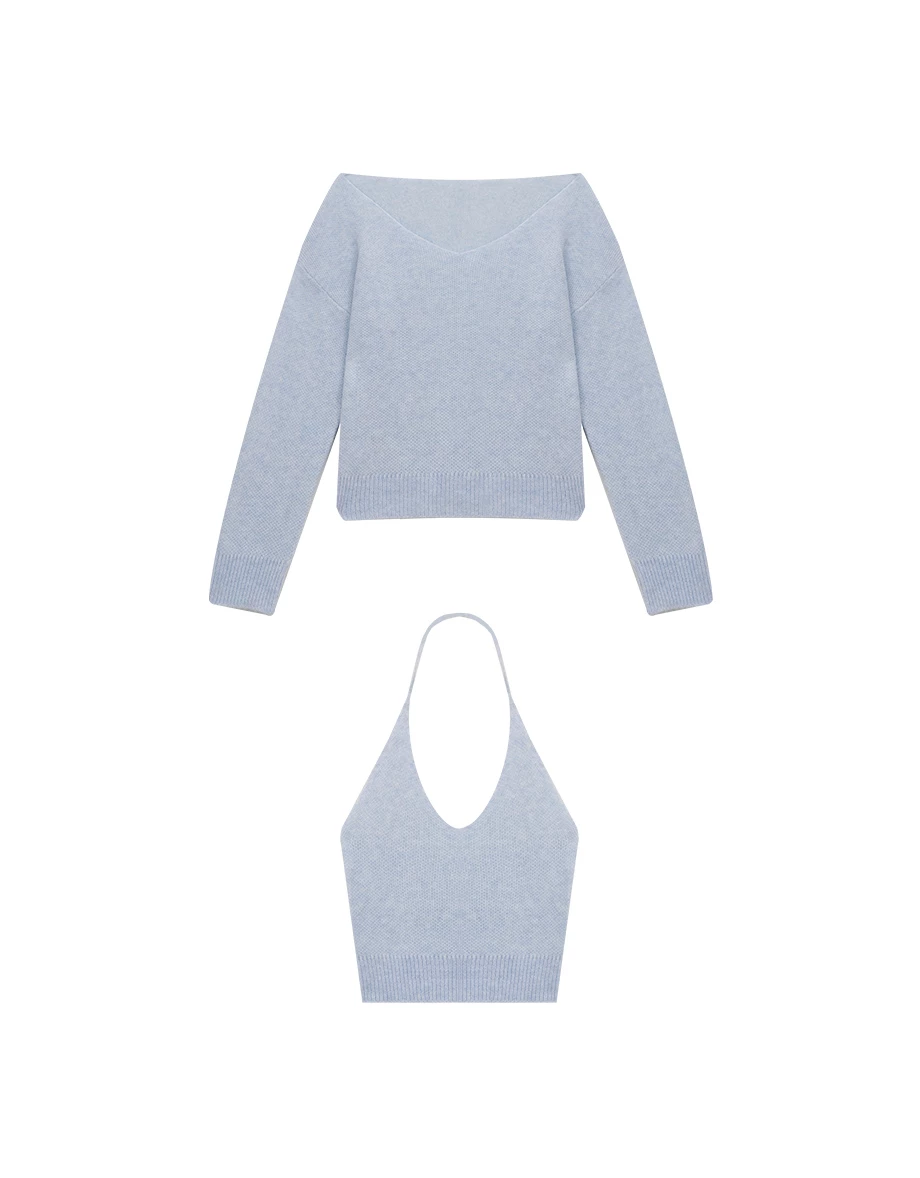 Halter Neck Inner Tank Top and Oversized Off Shoulder Knit Sweater Set Wear