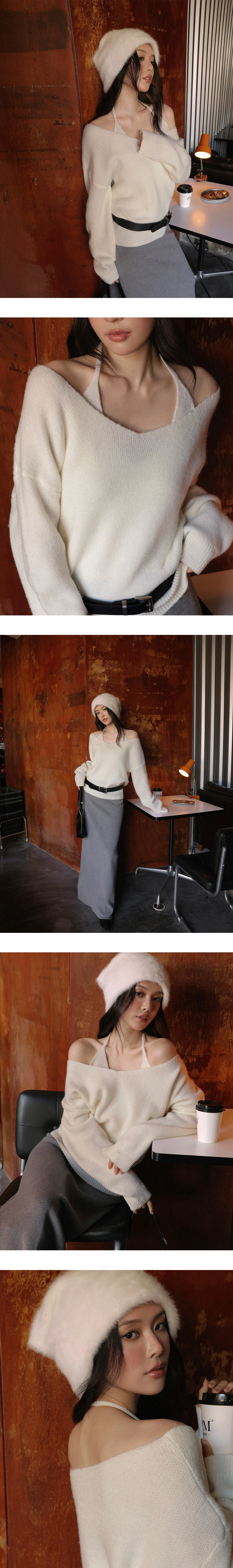 Halter Neck Inner Tank Top and Oversized Off Shoulder Knit Sweater Set Wear