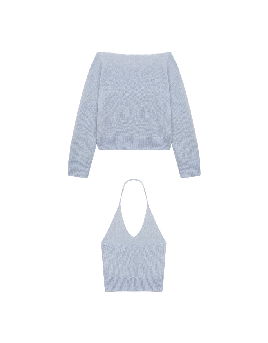 Halter Neck Inner Tank Top and Oversized Off Shoulder Knit Sweater Set Wear