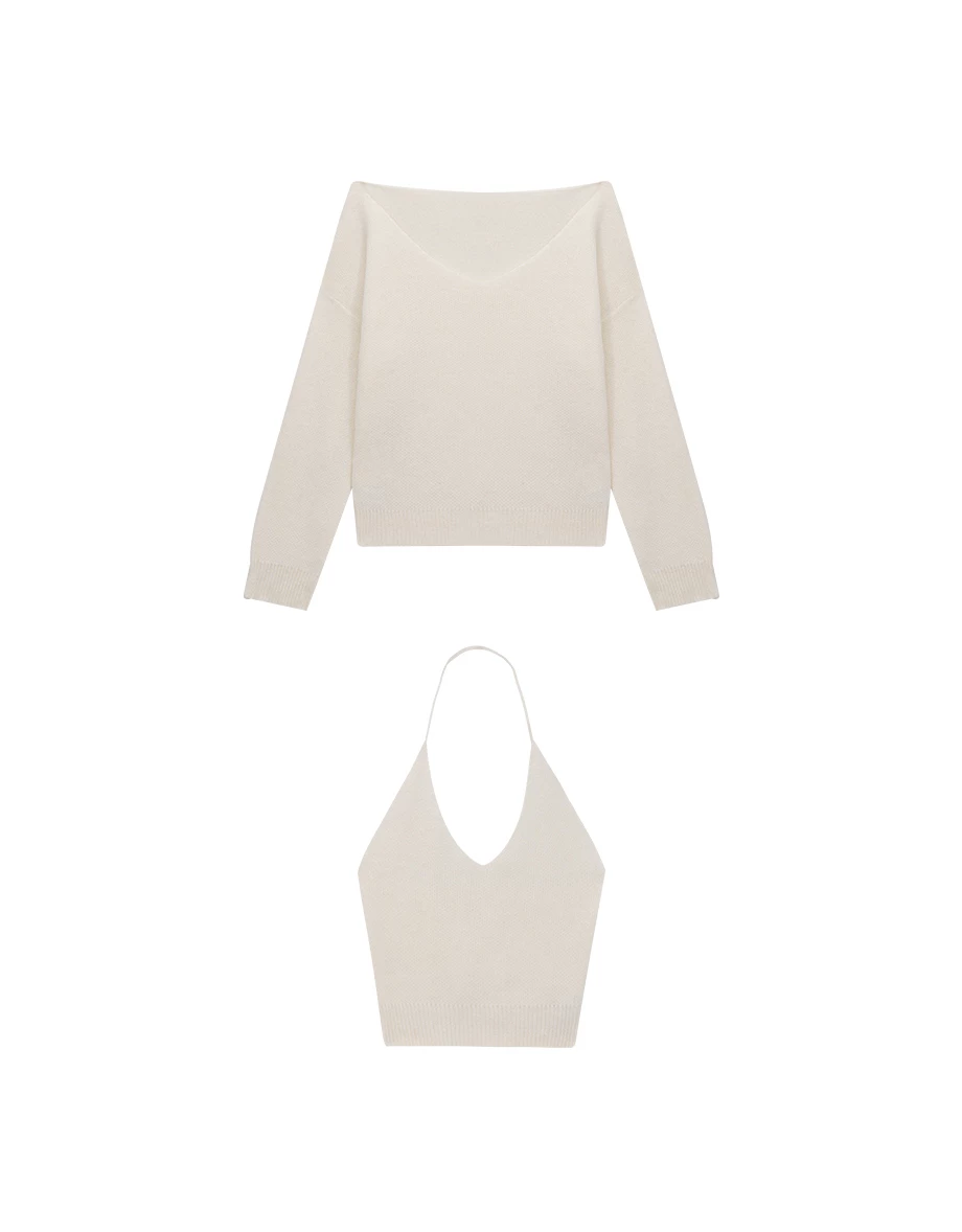 Halter Neck Inner Tank Top and Oversized Off Shoulder Knit Sweater Set Wear