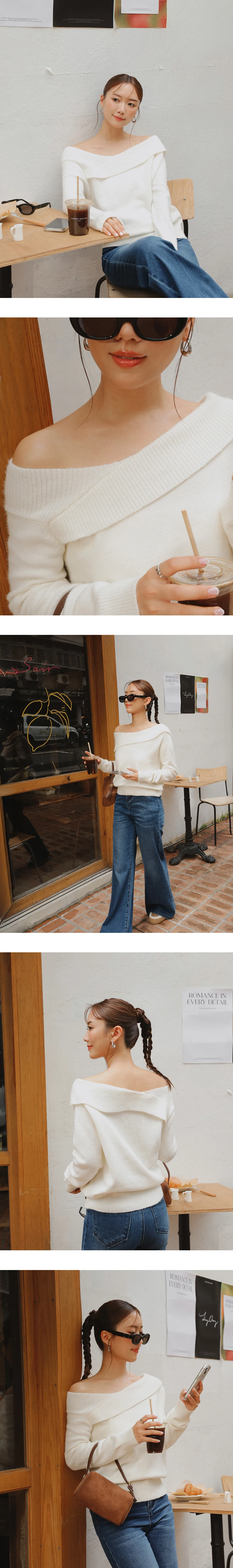 【Ling Cheng Design】Off Shoulder Folded Knit Sweater with Soft Ribbed Texture