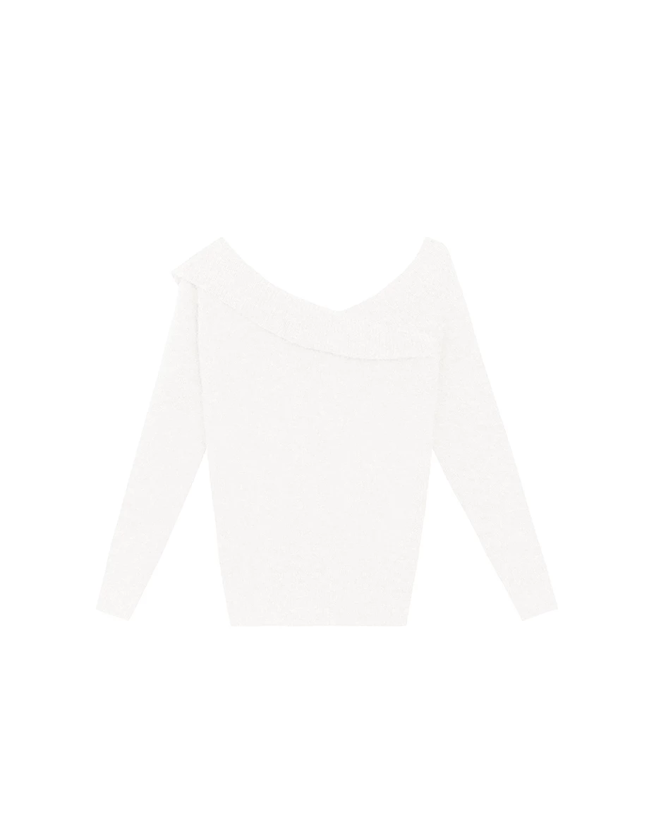 【Ling Cheng Design】Off Shoulder Folded Knit Sweater with Soft Ribbed Texture