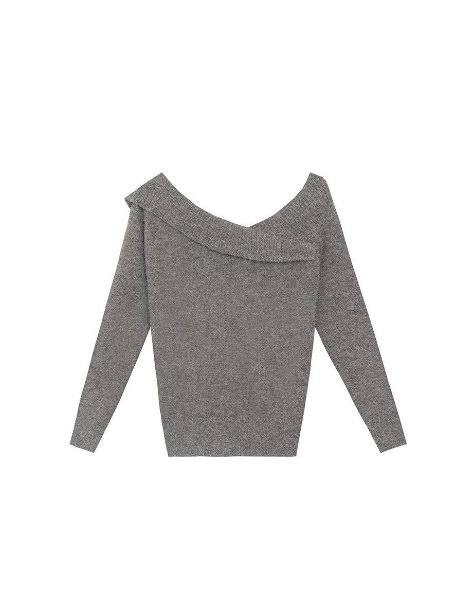 【Ling Cheng Design】Off Shoulder Folded Knit Sweater with Soft Ribbed Texture