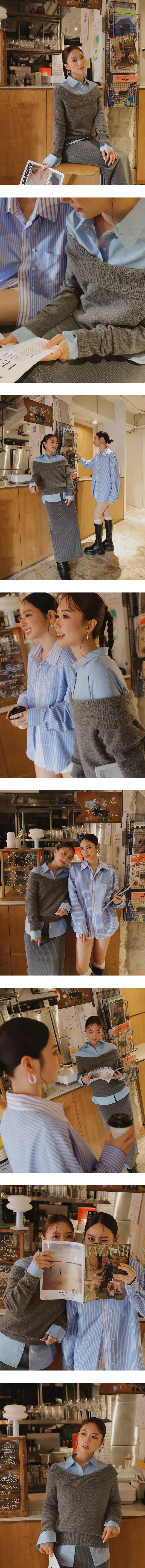【Ling Cheng Design】Off Shoulder Folded Knit Sweater with Soft Ribbed Texture