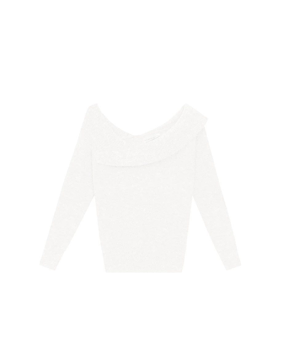 【Ling Cheng Design】Off Shoulder Folded Knit Sweater with Soft Ribbed Texture