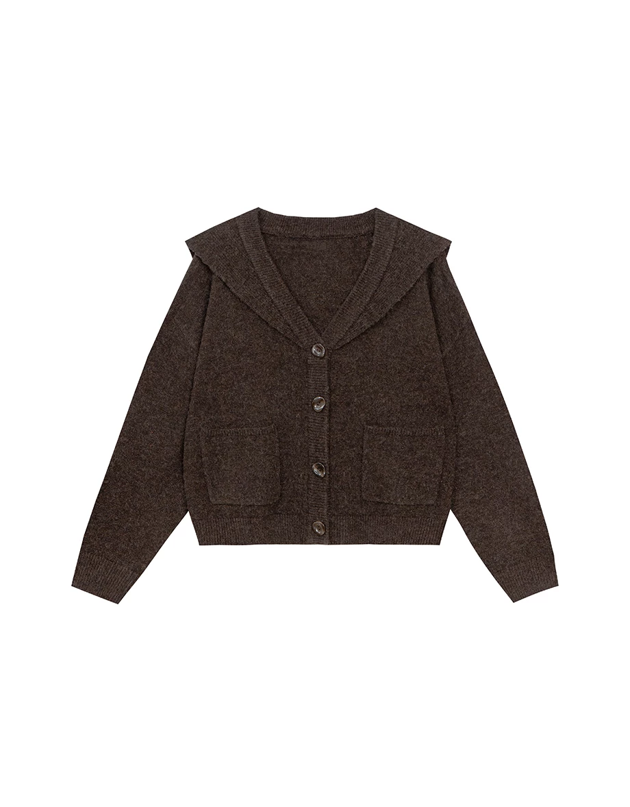 【Ling Cheng Design】Soft Knit Sailor Collar Knit Cardigan with Patch Pockets