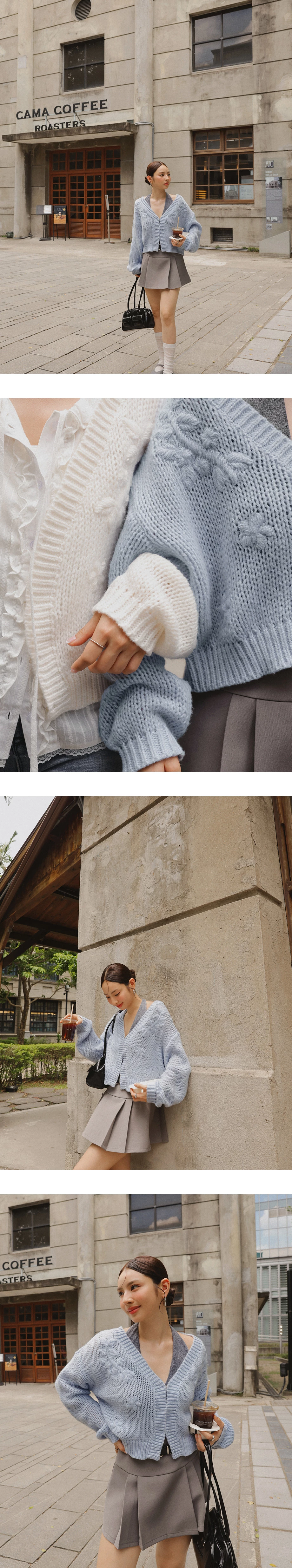 【Ling Cheng Design】Wool Blend V neck Flower Embroidered Button Cardigan
