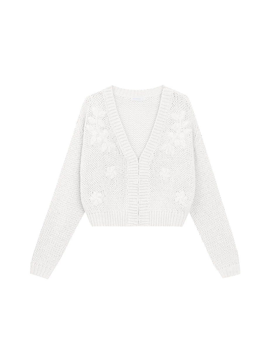【Ling Cheng Design】Wool Blend V neck Flower Embroidered Button Cardigan