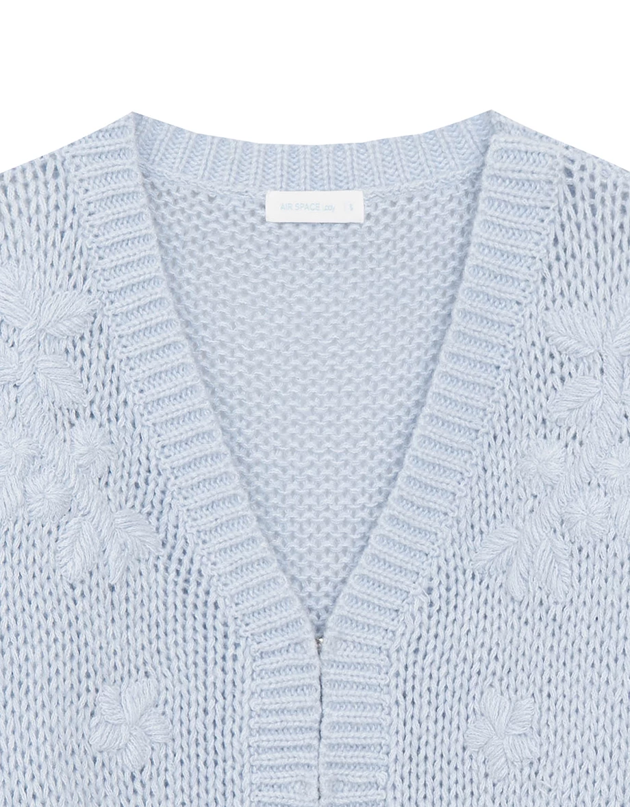 【Ling Cheng Design】Wool Blend V neck Flower Embroidered Button Cardigan