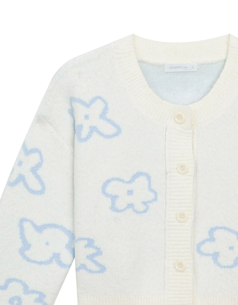 Floral Pattern Fluffy Knit Button Down Cardigan