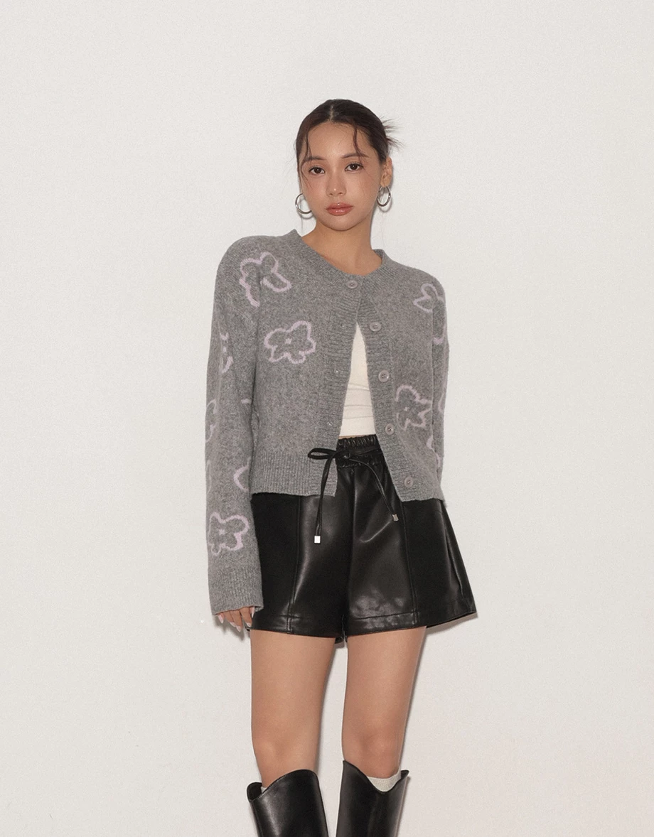 Floral Pattern Fluffy Knit Button Down Cardigan