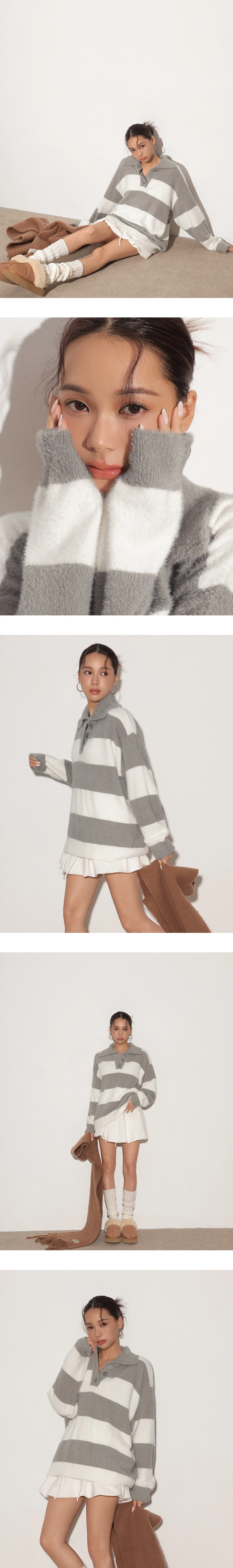 Oversized Fluffy Contrast Stripe Knit Polo Top