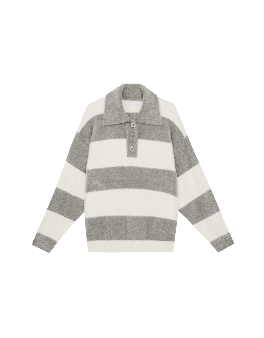 Oversized Fluffy Contrast Stripe Knit Polo Top