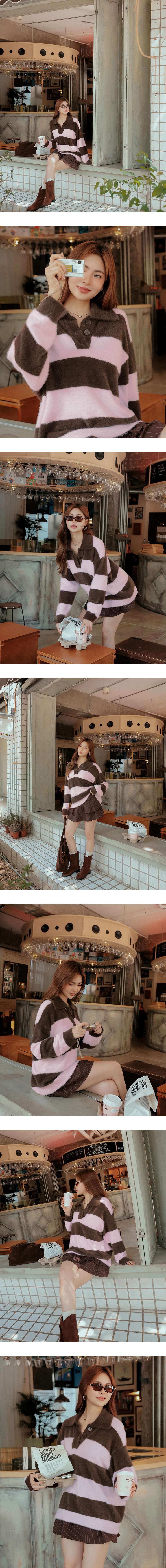 Oversized Fluffy Contrast Stripe Knit Polo Top