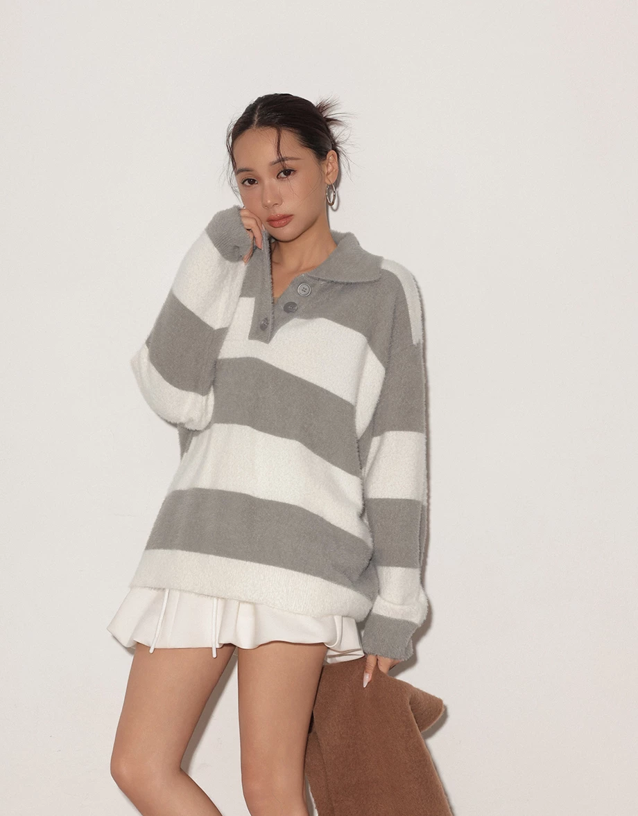 Oversized Fluffy Contrast Stripe Knit Polo Top