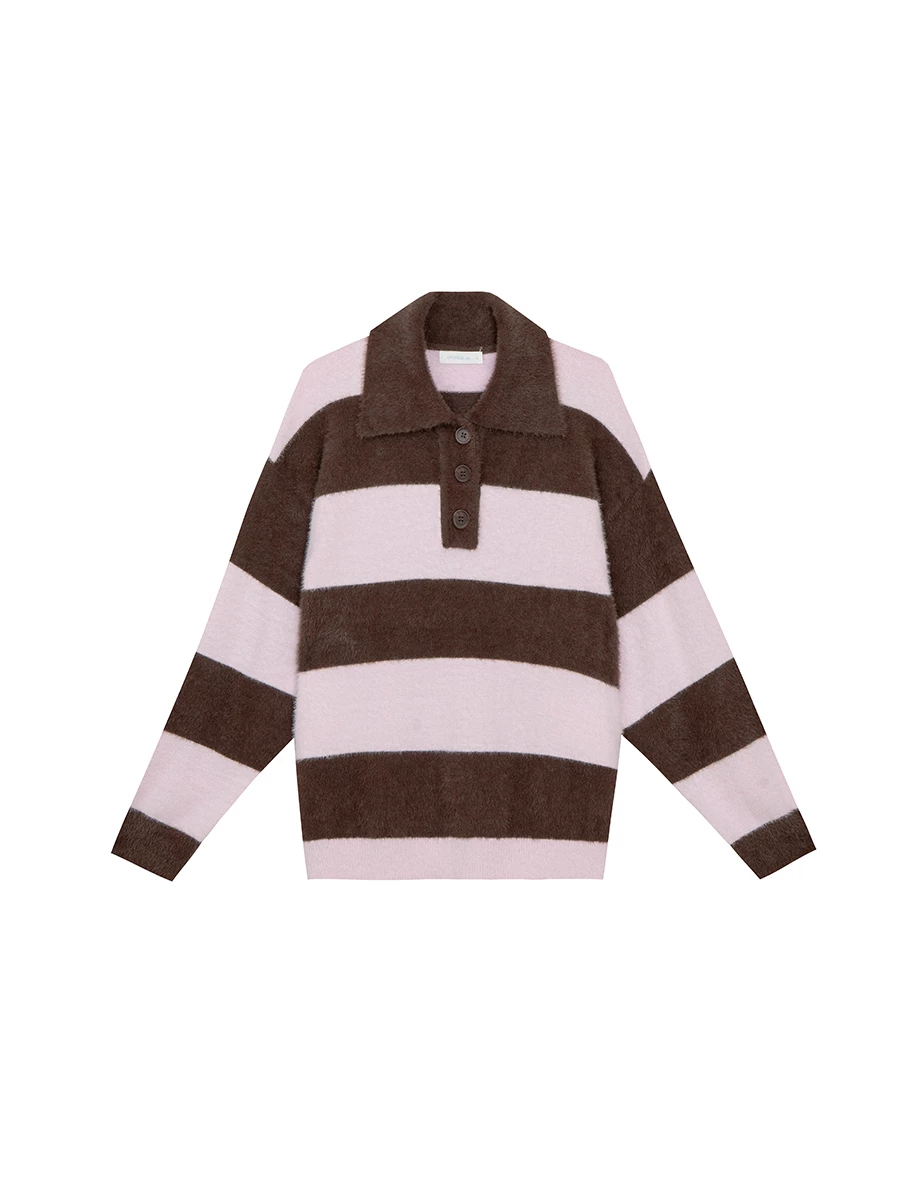 Oversized Fluffy Contrast Stripe Knit Polo Top