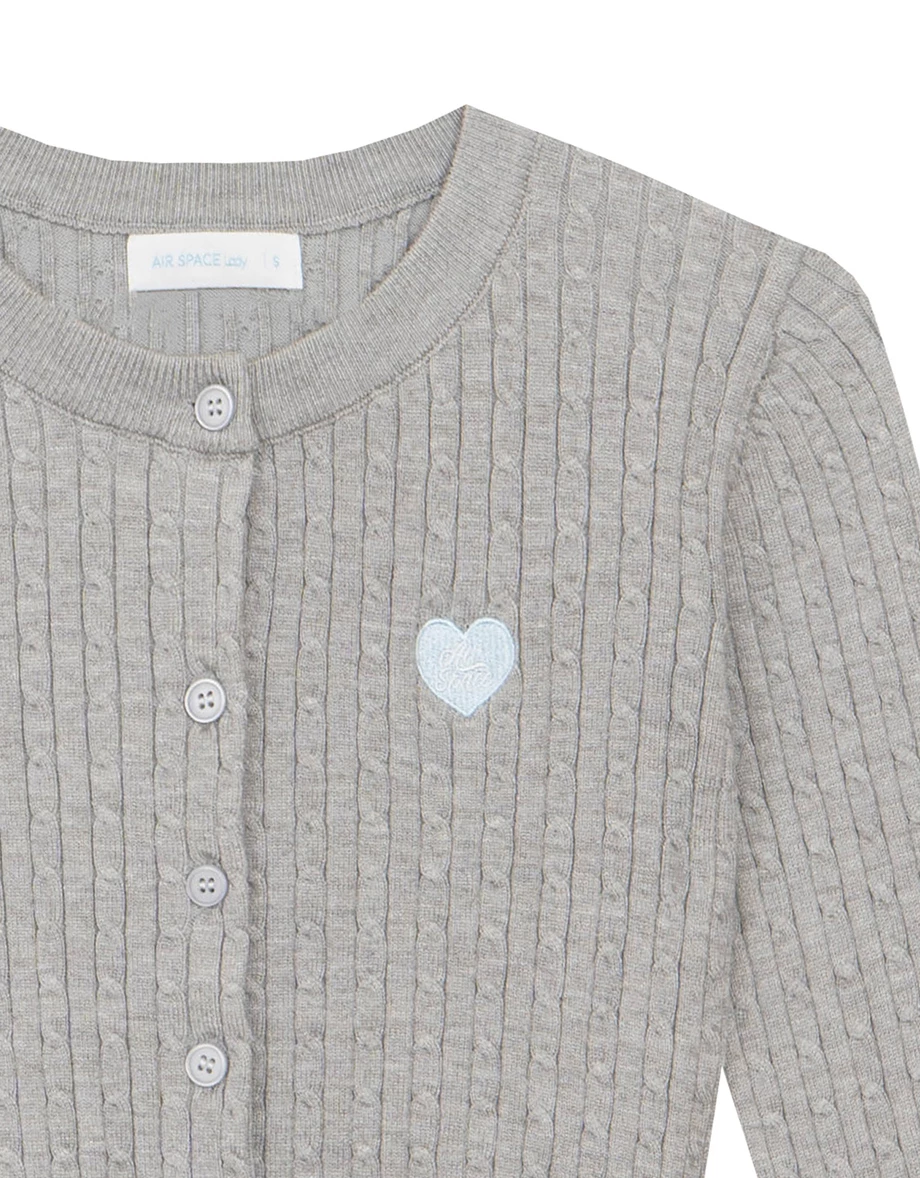 Cable Knit Cardigan with Logo Heart Embroidery