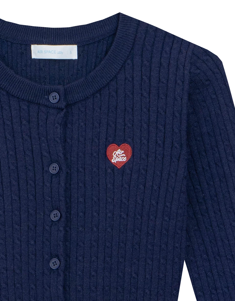 Cable Knit Cardigan with Logo Heart Embroidery