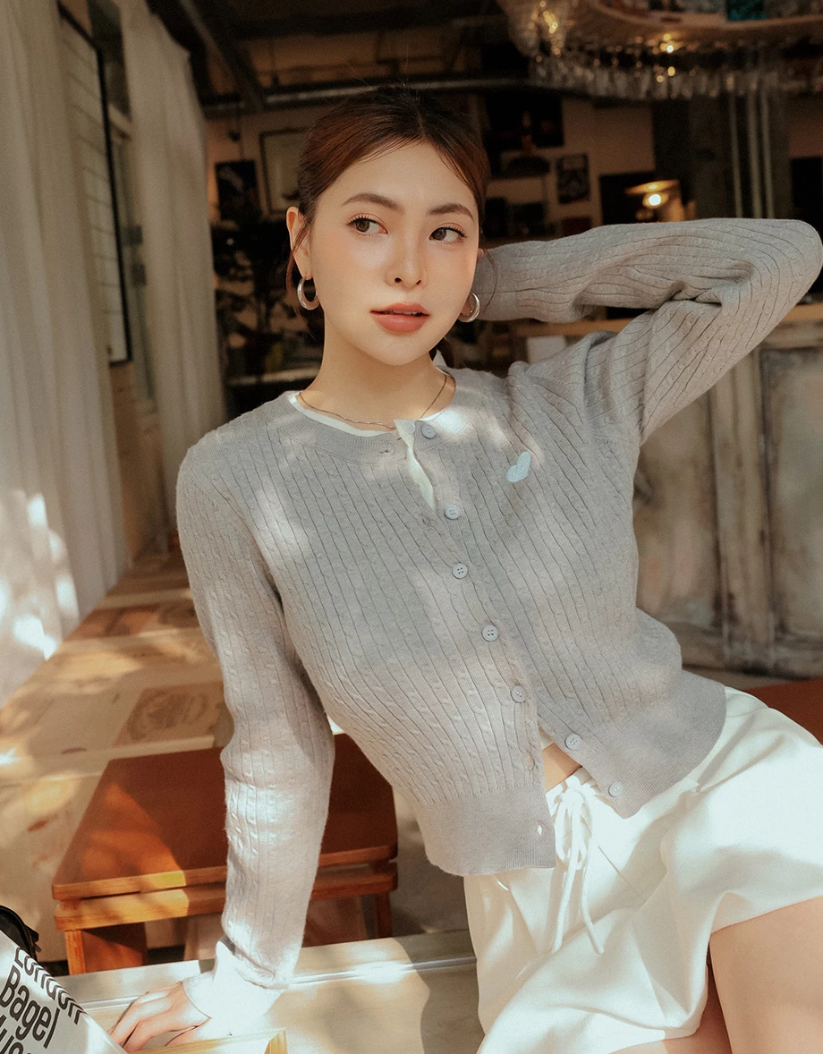 Cable Knit Cardigan with Logo Heart Embroidery