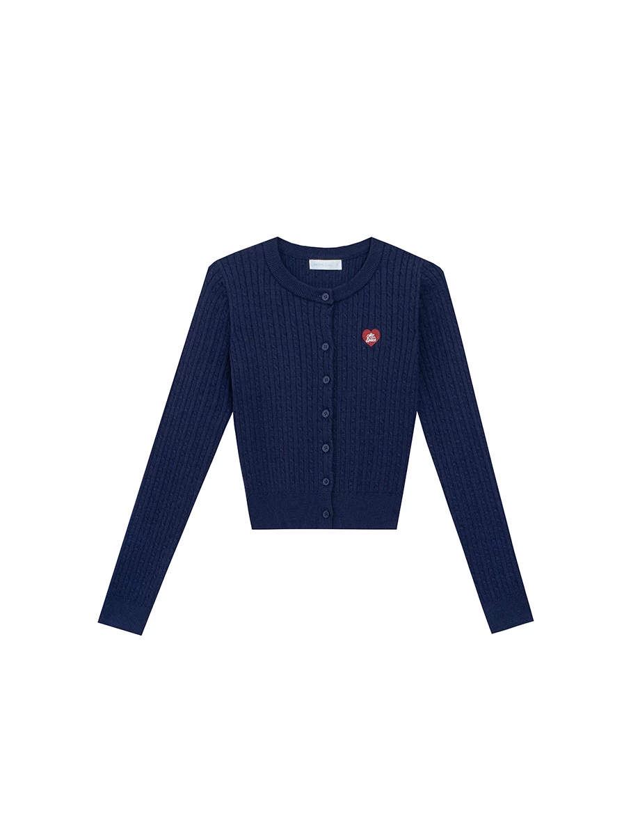 Cable Knit Cardigan with Logo Heart Embroidery