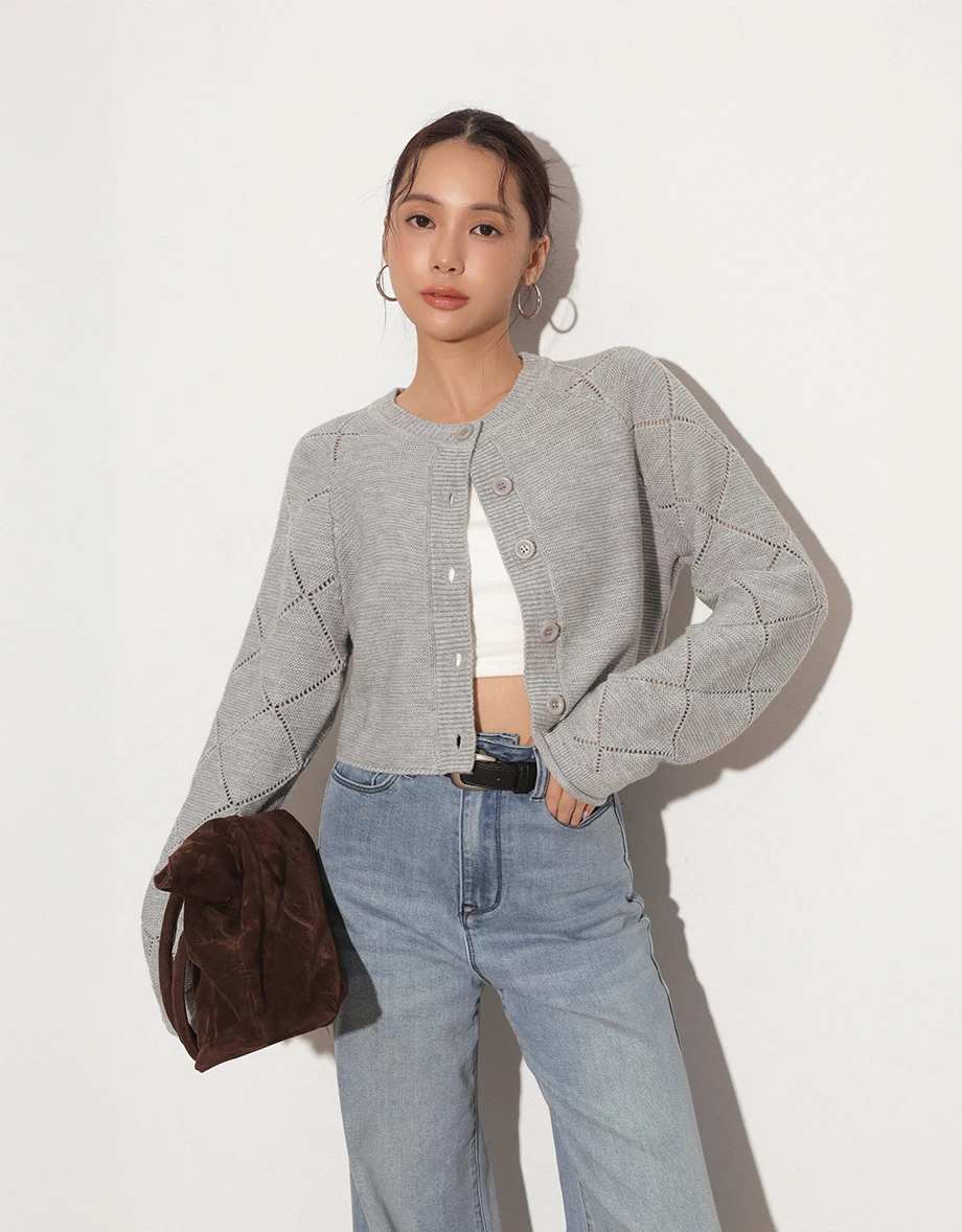 Argyle Knit Cropped Cardigan with Button Detail