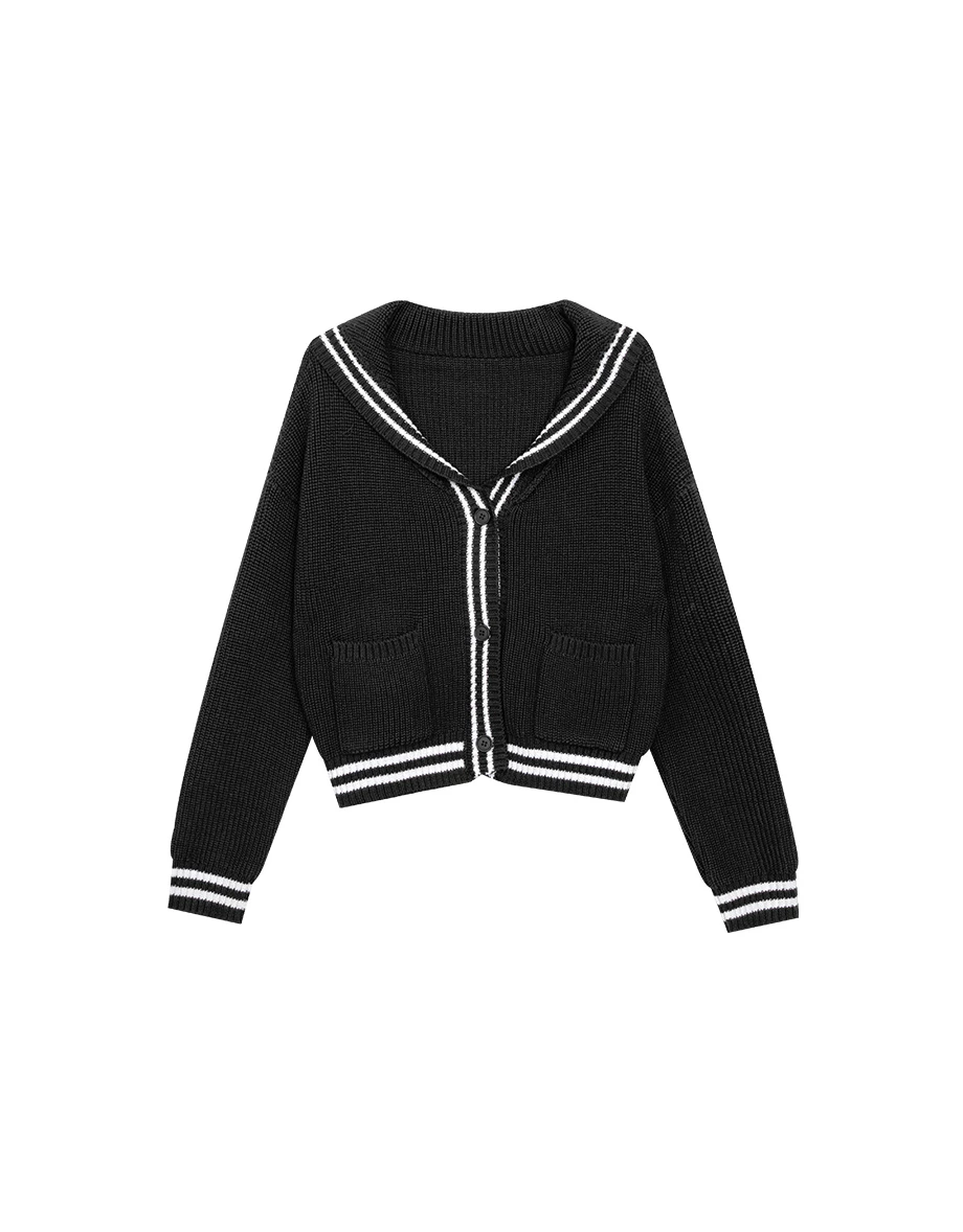 Preppy Style Knit Cardigan with Contrast Striped Sailor Collar
