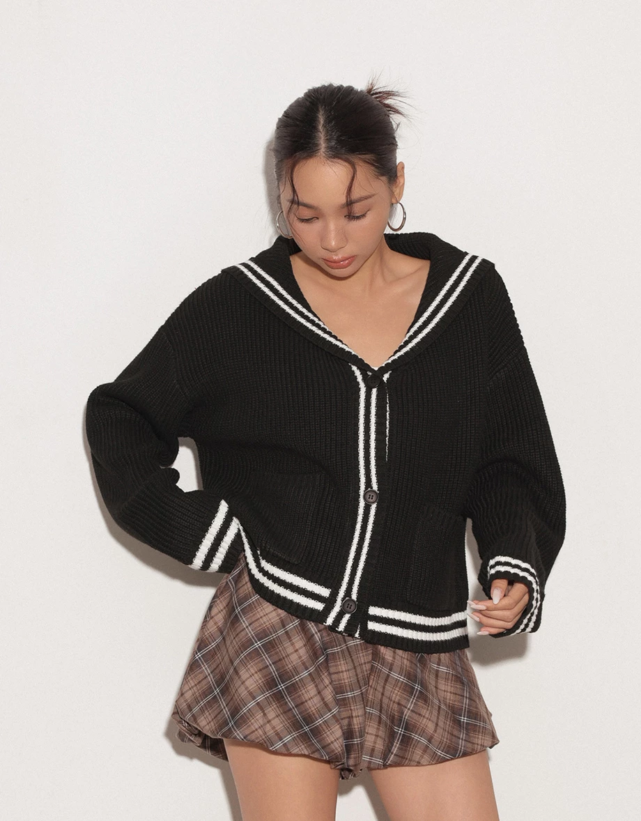 Preppy Style Knit Cardigan with Contrast Striped Sailor Collar
