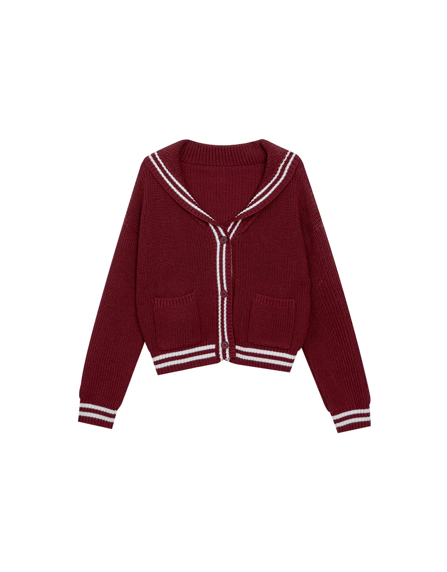 Preppy Style Knit Cardigan with Contrast Striped Sailor Collar