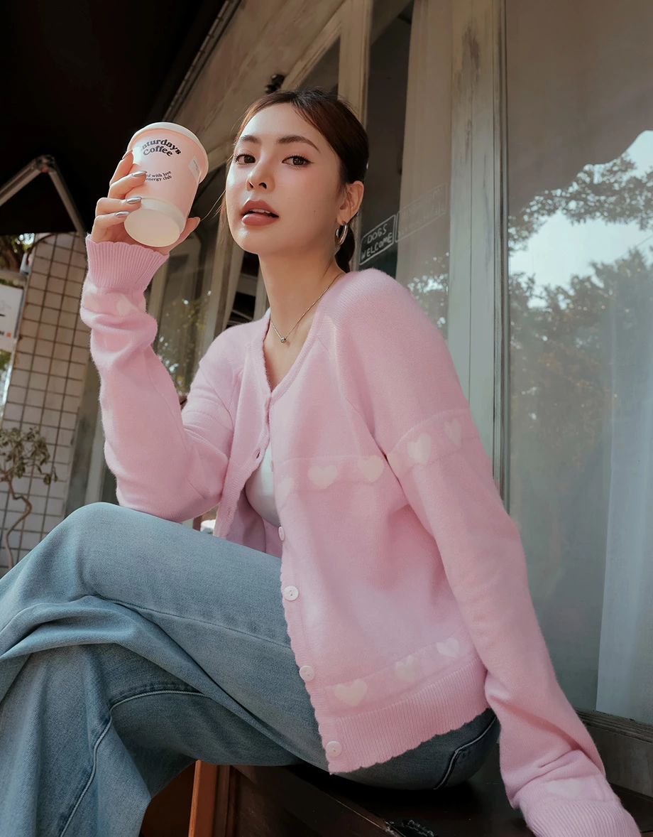 Heart Jacquard Buttoned Knit Cardigan