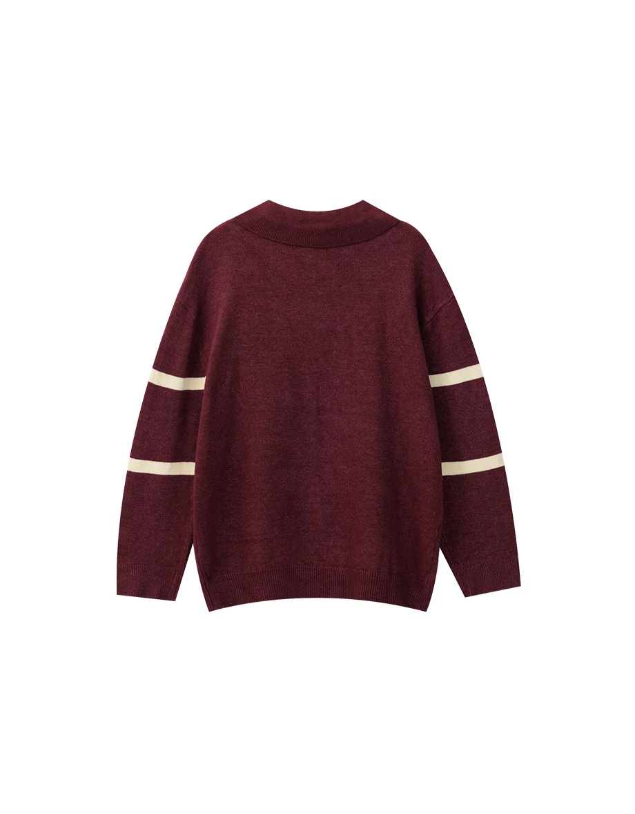 Contrast Stripe Knit Polo Sweater with Letter Embroidery