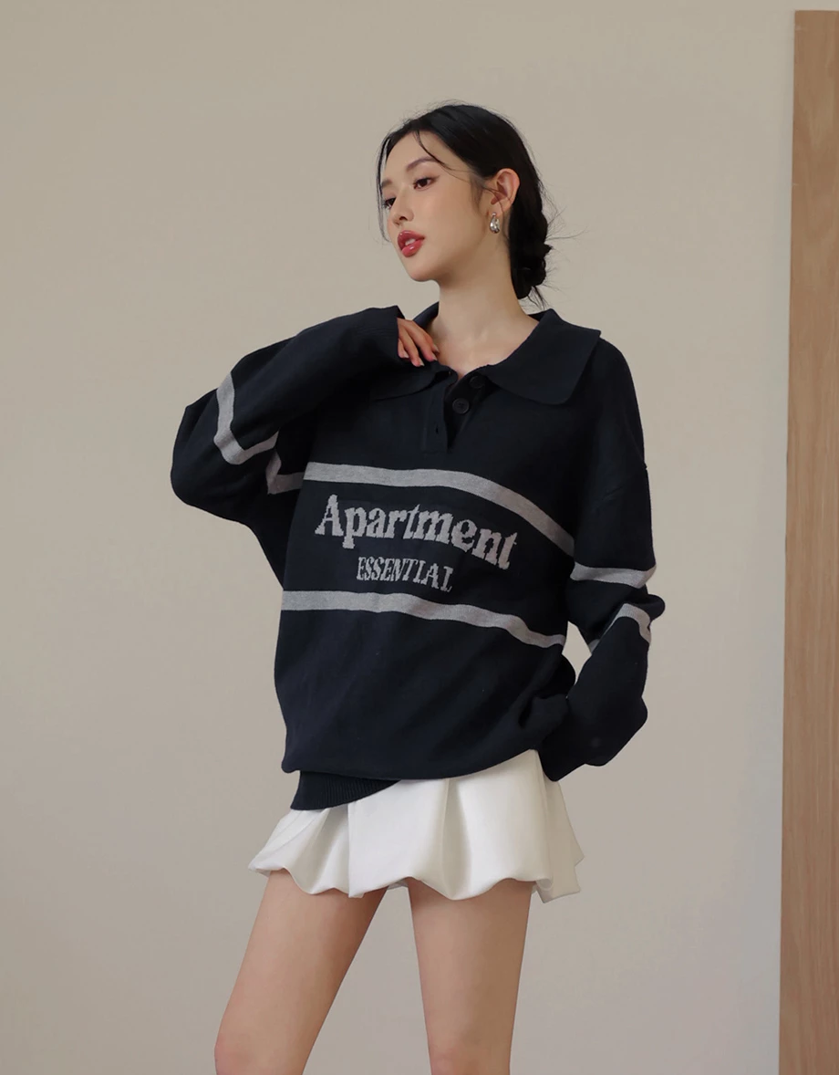 Contrast Stripe Knit Polo Sweater with Letter Embroidery