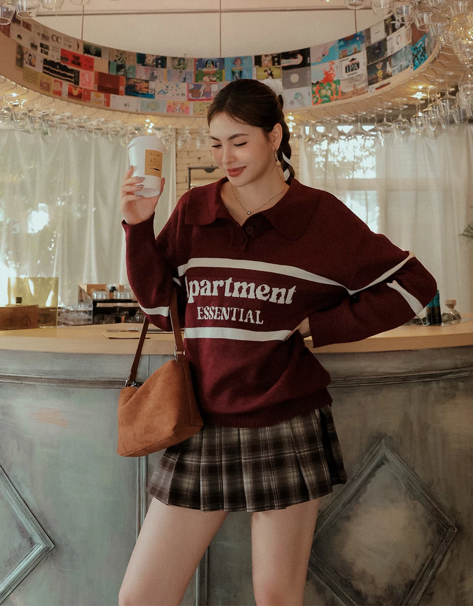 Contrast Stripe Knit Polo Sweater with Letter Embroidery