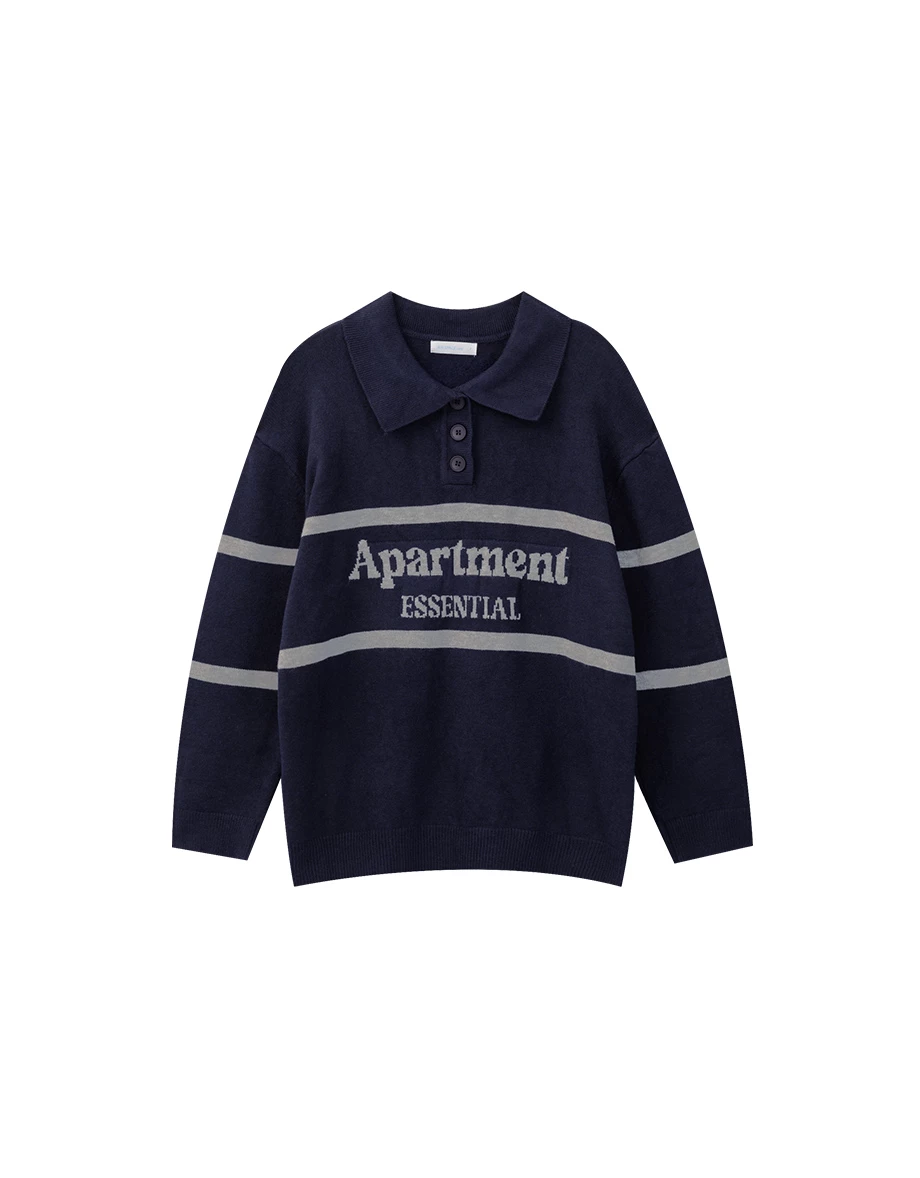 Contrast Stripe Knit Polo Sweater with Letter Embroidery