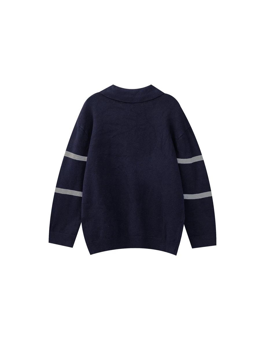 Contrast Stripe Knit Polo Sweater with Letter Embroidery