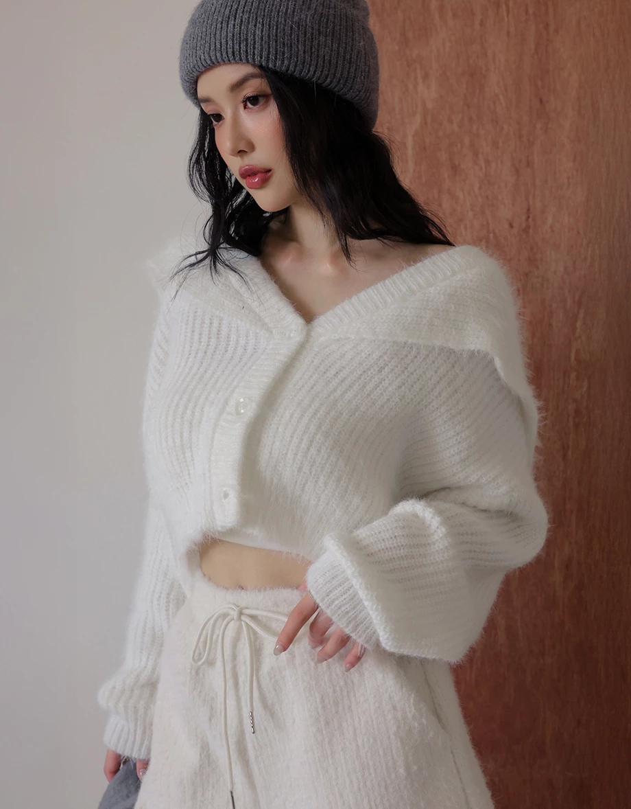 Fluffy Knit Sailor Collar Cropped Cardigan Sweater Fluffy Knit Sailor Collar Cropped Cardigan Sweater